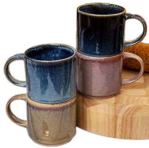Set of 4 Stacking Mugs 300ml Dark Colourful Mix Reactive Glaze Coffee Tea Cups