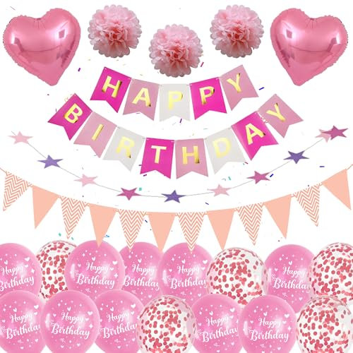 Geburtstagsdeko Luftballons Rosa Frauen Mädchen - Happy Birthday Banners mit Wimpel Sternen Girlande Pompons, Konfetti Ballons für Alle Altersgruppen Kindergeburtstag Geburtstags Deko