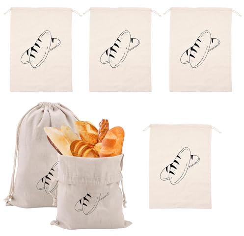 Ksvaye 4 Stück Groß Brotbeutel Aufbewahrung Frischhalten Wiederverwendbar Brotbeutel Leinen, Brotsack zum Frischhalten Leinen Brotaufbewahrung mit Kordelzug, für Brot, Baguette, Obst, Gemüse, 40*30cm