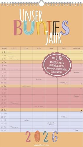 Unser buntes Jahr 2026 Familienplaner - Familien-Timer 26x45 cm - Offset-Papier - mit Ferienterminen - Wand-Planer - Familienkalender - Alpha Edition