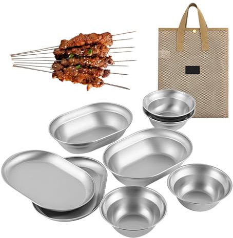 Platos de metal para camping, juego de vajilla de acero inoxidable, diseño a prueba de óxido, ligero, resistente a los arañazos, fácil de limpiar, apilable para almacenamiento, 6.5 x 9.06 pulgadas