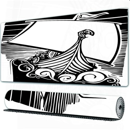 FEHWI Grand Tapis de Souris de Jeu avec Bords surpiqués et Dos antidérapant,sous-Main pour Clavier et Souris,Drakkar Nordique et Viking naviguant sur des Vagues tourbillonnantes Art thématiq,90×40 cm