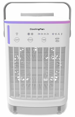Air Cooler, Portable Air Conditioner, 4 in 1 Mini Air Conditioner, 2 Cool Mist, 4 Wind Speeds, 7 RGB Light & Timer, Personal Use Air Cooler Fan with UK Adapter for Home, Office, Bedroom