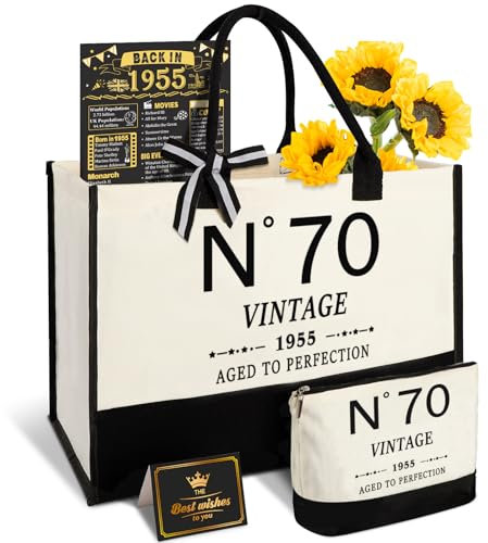 Amosking 70th Birthday Gifts for Women Canvas Tote Bag Travel Gear, Unique 70 Years Old Gifts for Wife Sister Mum Aunt Friends Her, Vintage N°70 Handbag & Cosmetic Bag & Back in 1955 Poster
