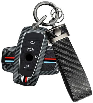 ATFIGII Schlüsselhülle kompatibel mit BMW 1er 2er 3er 4er 5er 6er 7er X3 X4 M2 M3 M4 M5 M6 F30 F31 AutoSchlüsselhülle Kohlenstoff-Muster Schutz mit Schlüsselanhänger Keyless 4 Tasten A-Schwarz