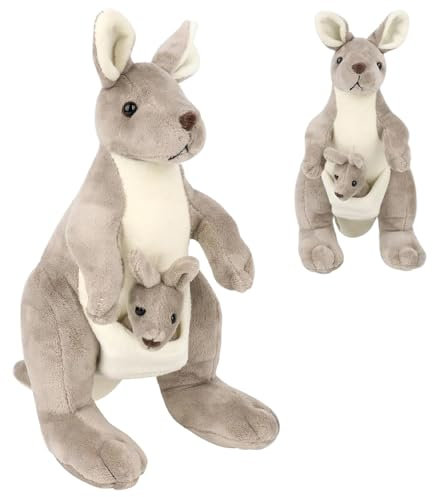 KUWUNG Känguru Kuscheltier, 28cm Känguru Stofftiere, Mutter und Kind Känguru Plüschtier, Kuscheltier mit Baby im Bauch, für Kinder Kuscheln, Spielen und Schlafen, Geburtstagsgeschenk für Kinder