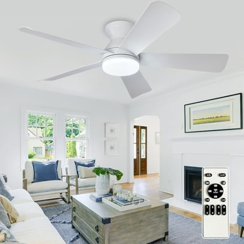 Depuley Modern Ceiling Fan with Light: 42-Zoll Weiß Kleine Ventilatoren für Schlafzimmer - Dimmbare Flush Mount Deckenventilatoren mit Fernbedienung 5 Reversible White Blades 6 Geschwindigkeiten Timer