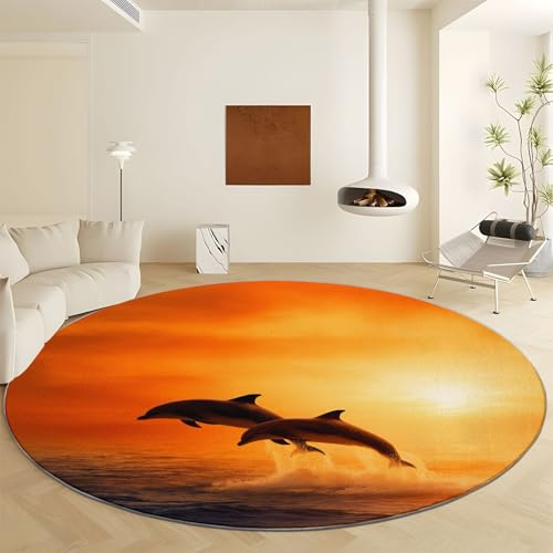 Generisch Sonnenuntergang Wolken Delfine Wellen Rund Teppich 120 cm, Verträumter Stil Weicher rutschfest Waschbarer Kurzflor Wohnzimmer Teppiche, für Eingangsbereich Innen Schlafzimmer Kinderzimmer