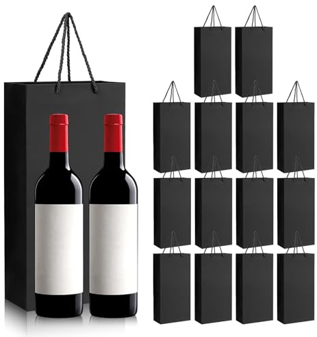 15 Pack Double Bottles Black Wine Tote Bags, Kraft Paper Wine Gift Bags with Handles, Reusable Bottle Carrier for Weddings Valentine's Day Anniversaries Birthdays Xmas Party Gifts