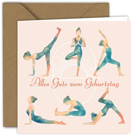 Geburtstagskarte – Wunderschöne Aquarell-Illustrationen von Yoga-Posen in sanften Pastellfarben, für Freunde | Klappkarte (15 x 15 cm) – mit Kraft Umschlag – Innen blanko