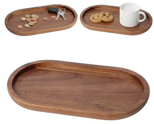 Dekotablett Oval Holz Akazie, Serviertablett für Küche und Bad | Serie CURVE, Ablageschale passend für Salz- und Zuckerdose oder Seifenspender, 26x14 cm