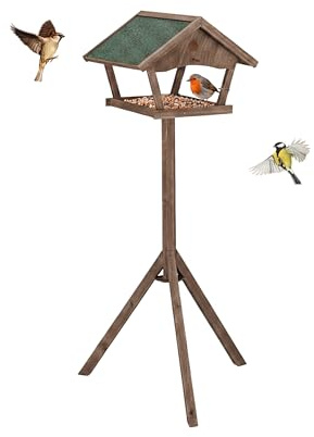 Relaxdays Bird Feeder with Stand, 137 cm high, weatherproof roof, garden & terrace, wooden feeder, brown