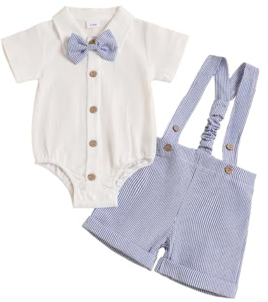 JENJON Neonati Maschio 1 Anno Compleanno Vestiti Set Gentleman Maniche Corte/Lunghe Papillon Top + Salopette a Righe Pantaloncini Estivo Autunno Abbigliamento