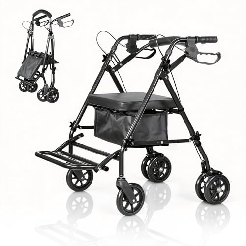 Leichter Klapprollstuhl Für Erwachsene Mit Sitz Und Fußstütze, Transportrollstuhl Mit 136 kg Tragkraft, Faltbarer Rollator Ersatz Mit 6 Zoll Rädern Und Verstellbarer Höhe Schwarz 84,0L x 56,0B x 91,0H