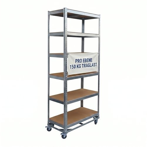Relaxdays Schwerlastregal auf Rollen, HxBxT: 209 x 90 x 40 cm, Silber | 900 kg, 6 Böden, Stahl, Stecksystem, Lagerregal