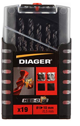 DIAGER - Forets HSS G3 revêtu TialN - Coffret de 19 forets - Résiste à l'échauffement - Durée de vie améliorée - diamètre 1 à 10mm / 0,5mm, Marron