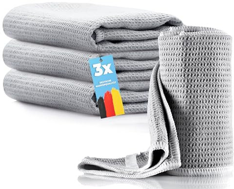 HELOME 3X Microfaser-Trockentücher | Geschirrtücher | Waffeltuch 38X60cm- Für Bad, Küche, Auto, Autoscheibe und Gewerbe. Streifenfreies Trocknen v. Fenstern, Duschkabinen, Gläsern, Besteck u. Geschirr