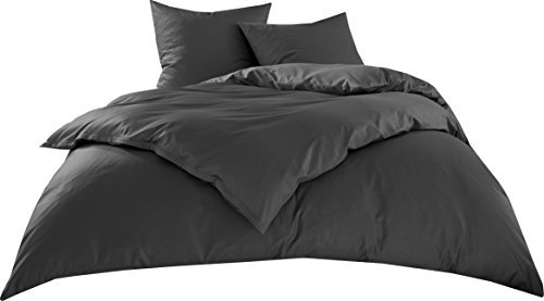 Bettwaesche-mit-Stil Hotelbettwäsche Garnitur Lia Linon/Renforcé 100% Baumwolle anthrazit Uni einfarbig mit Reißverschluss (135 cm x 200 cm + 80 cm x 80 cm)