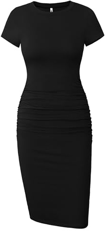Missufe Damen Bodycon Gerafftes Kleider Knielang Bleistiftkleid Kurzarm (S,Schwarz)