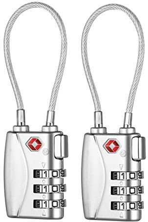 ZHEGE Luggage Padlocks TSA Approved, Flexible Cable Travel Locks, Coded Suitcase Lock, Small Gym Locker Padlock with 3 Digit Combination (Silver, 2 Pack)