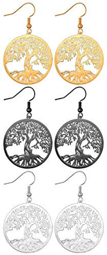 JewelryWe 3 Paar Damen Ohrringe Set, Lebensbaum Glück Ohrhänger Statement Ohrhänger Geschenk für Frau Mädchen, Gold Schwarz Silber
