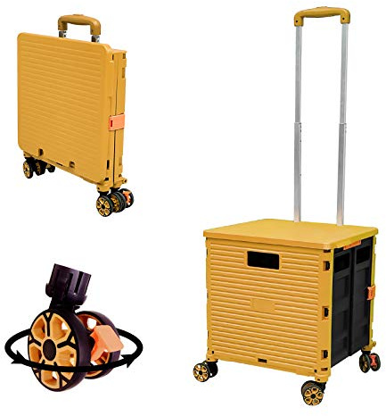 Felicon Selorss Faltbarer Mehrzweckwagen, zusammenklappbar, tragbar, Rollkiste, Bollerwagen mit robustem Teleskopgriff, 4 drehbare Räder für Reisen, Einkaufen, Umzug, Gepäck, Büro, Gelb