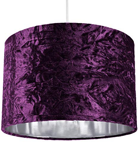 Modern and On-Trend Vivid Purple Crushed Velvet Fabric 12 Table or Pendant Circular Drum Lampshade with Shiny Silver Inner - 60watt Maximum | Perfect for Residential or Commercial by Happy Homewares