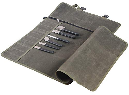 Ruibo Waterproof Waxed Canvas Chef’s Knife Roll Bag With 11 Slots for Kitchen Knife Tools Up To 18.8”/Portable Chef Knife Cases(Army Green)