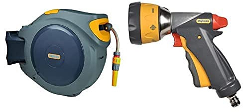 Hozelock Auto Reel with 40m Hose & Multi Spray Ultramax Gun, Grey/Yellow, 16x10x8 cm