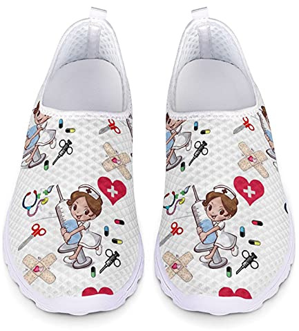 Showudesigns Enfermera de Sibujos Animados Deportivos Sanitarios Mujer Deportiva Enfermero sin Cordones Zapatillas de Caminar Planas de Malla Casual Zapatos de Trabajo EU38