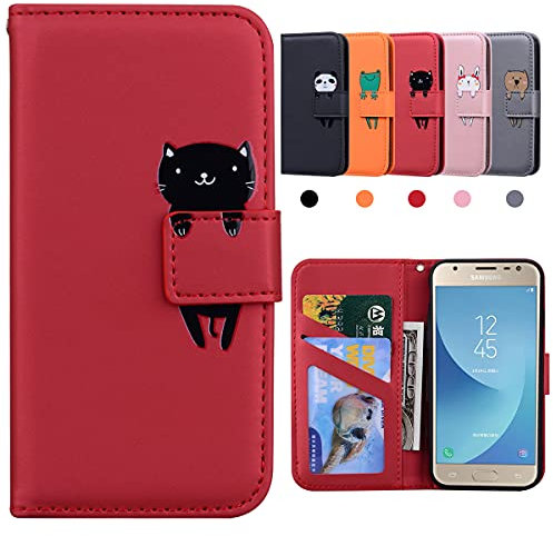 Coque Samsung J3 2017, Samsung Flip Coque pour Samsung Galaxy J3 2017, Antichoc TPU Housse Protection Galaxy J3, Portefeuille [Béquille][Fentes pour Cartes] Coque Galaxy J3 2017 - Rouge