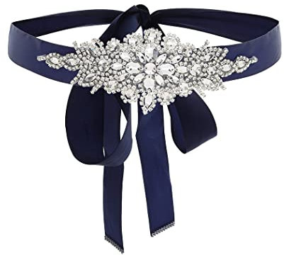 IYOU Strass Hochzeit Gürtel Kristall Schärpe Applikationen Gürtel Braut Abschlussball Kleidergürtel mit Navy blau Schleife zum Frau und Mädchen