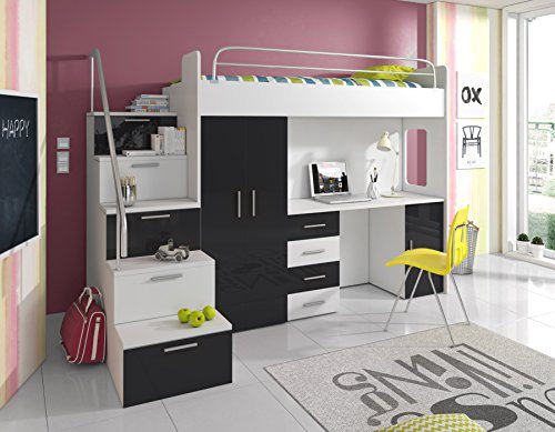 Furniture Just4U Limited Modern Cabin High Sleeper Bed Bunk Bed Loft Bed Storage Mid Sleeper High Bed Wardrobe Desk Stairs Set Without Mattress EDEN 4S (Black)