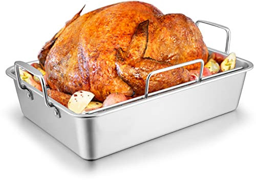 Joyfair Bräter mit Rost für Truthahn-Huhn, Edelstahl-Bräter und V-Gestell für Toaster, rechteckiges Backgeschirr mit stabilen Griffen, robust und spülmaschinenfest (groß)