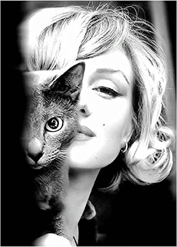 Posterdruck Kunstwerk für Wanddekoration Wandbild Marilyn Monroe und die Katze Wandkunst für Wohnzimmer schwarz-weiß, schöne Frau Wandbild Leinwand Poster und Drucke, kein Rahmen,70×90cm