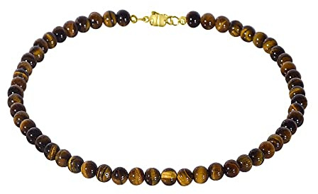 ELEDORO Tigerauge Kette mit 925 Silberverschluss | Kleine deutsche Schmuckmarke ELEDORO: handgefertigte Tigerauge-Kette, 48 cm, 8 mm, 925 Silber vergoldet