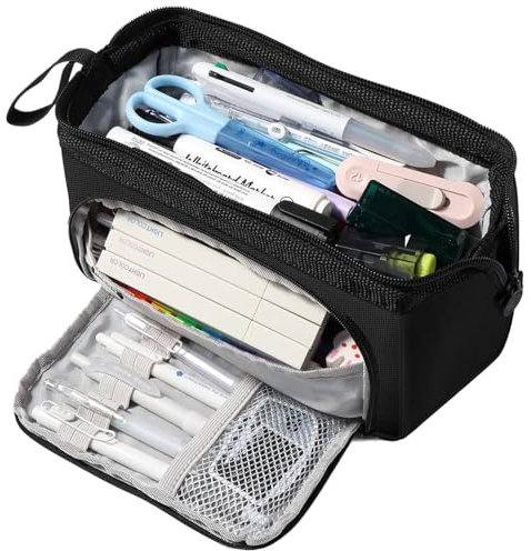 Diboniur Federmäppchen Groß mit 3 Etagen, Pencil Case Federmappe Tragbare, Federmäppchen Mittelschule, Aufbewahrung von Schreibwaren (Schwarz)