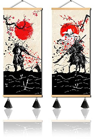 MBOUFOEY 2 Stück Rot Schwarz Antik Japan Krieger und Fuji Berg Schriftrolle Gemälde Samurai Leinwand Kunstdruck Poster fertig zum Aufhängen Vintage Stil Kunstwerk Heimdekoration 30.5x81.3 cmx2 Stück