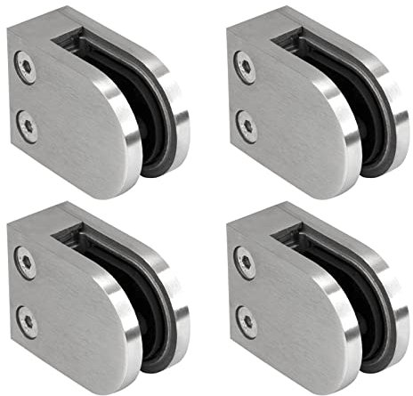 PRIOstahl Glashalter 4 Stück Glasklemmen Klemmhalter Glasplattenhalter 63 x 45 x 26-28 mm mit Sicherungsstift Anschluss: Flach für Glas 8,76 mm Geländer Balkon aus Edelstahl V2A