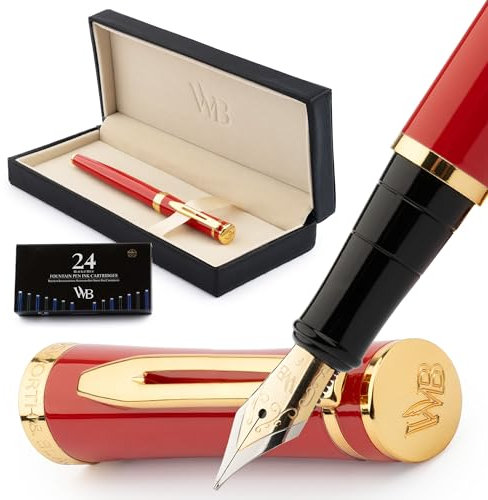 Wordsworth & Black Füllfederhalter-Set, feine 18-Karat-Goldfeder, inklusive 24 Tintenpatronen, Kolbenkonverter und Geschenkbox, goldfarben, Kalligraphie, Karminrot