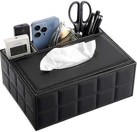 BTSKY PU Leather Household Office Rectangular Tissue Box with Remote Control Storage Holder - Desktop Tissue Holder Organizer Storage Box Remote Container, Black