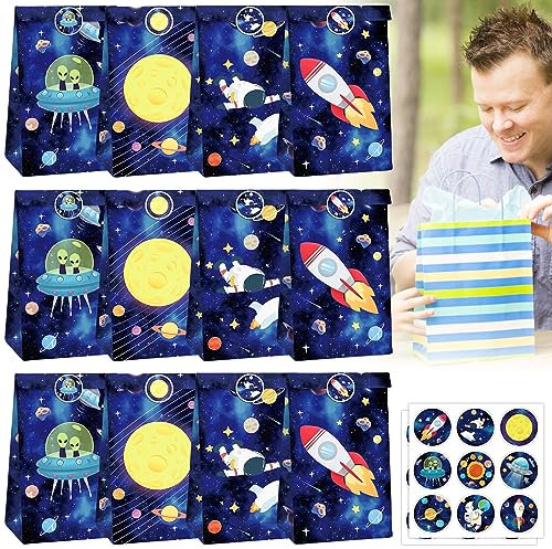 12 sacchetti regalo per pianeti spaziali, con 18 adesivi, design astronauti e pianeti, per compleanni e feste