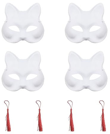 ATBUSS 4 masques de chat blancs avec 4 pompons rouges, masques de renard vierges, masques à peindre, masques peints à la main pour Halloween Carnaval Masquerade Party