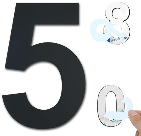 Ywonoby Hausnummern Selbstklebend, 6 inch Edelstahl Hausnummern Aufkleber, für Tür, Briefkasten, Außen, Anti-Friktion, Wetterfest, Schwarze Ziffer 5
