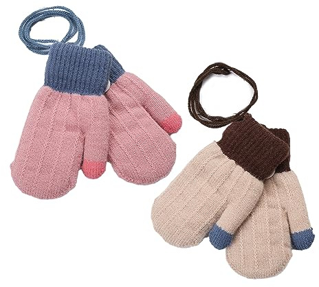 2 Paare Süße Fäustlinge Baby Kleinkind Gestrickte Handschuhe Winter Warme Handschuhe Fleece-Innenfutter Winterhandschuhe mit Schnur Skihandschuhe für Kinder Mädchen Jungen 0-3 Jahre