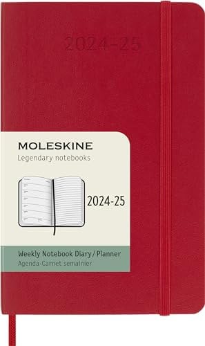 Moleskine Wochenplaner 2024-2025, WochenAgenda 18 Monate 2025 mit Platz für Notizen, mit weicher Abdeckung und elastischem Verschluss, Taschenformat 9 x 14 cm, Farbe Rot Scarlet