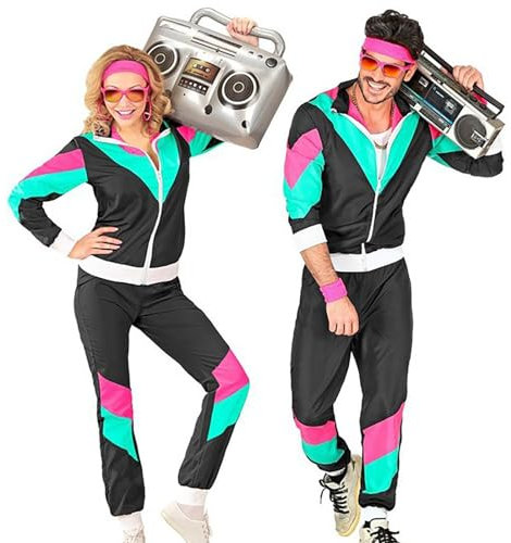 WILMOT 80er Jahre Trainingsanzug Disco, Jacke und Hose, Jogginganzug, Retro-Style, Bad Taste Party, Karneval, Mottoparty(Black,XL)