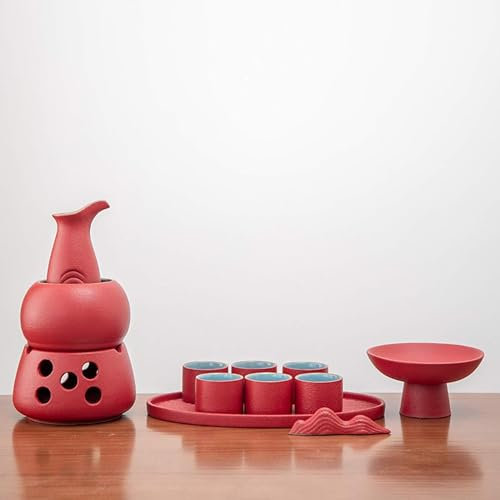 Set per sakè con scaldavivande, set per sakè caldo tradizionale in ceramica da 12 pezzi, incluso 1 fornello per candele, 1 tazza riscaldante, 1 pentola per sakè, 6 tazze per sakè, 1 vassoio, 1 poggia
