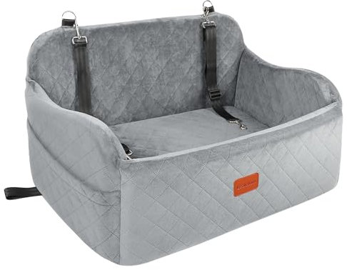 Lealchum Hundeautositz für große Hunde, weicher Stoff Auto Hundebett Füllung Memory Foam, Autositz für Hunde mit 2 Clip-On Hundeleinen, Abnehmbarer und waschbarer Haustier Autositz (Grey,Large)