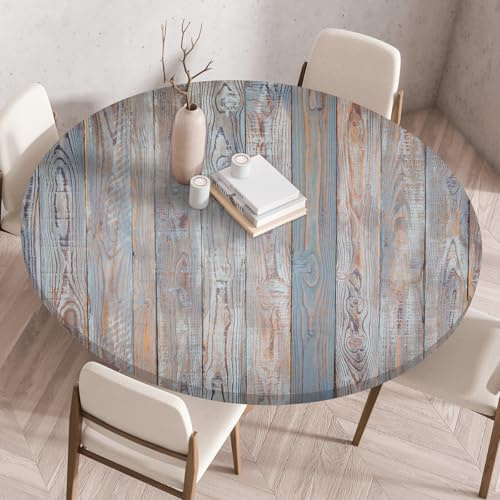 Odot Tischdecke Abwaschbar Rund 110cm, Elastisch Lotuseffekt Tischdecke Outdoor 3D-Holzmaserung Tischdecken Table Cloth für Garten Restaurant, Ideal für 100cm-105cm